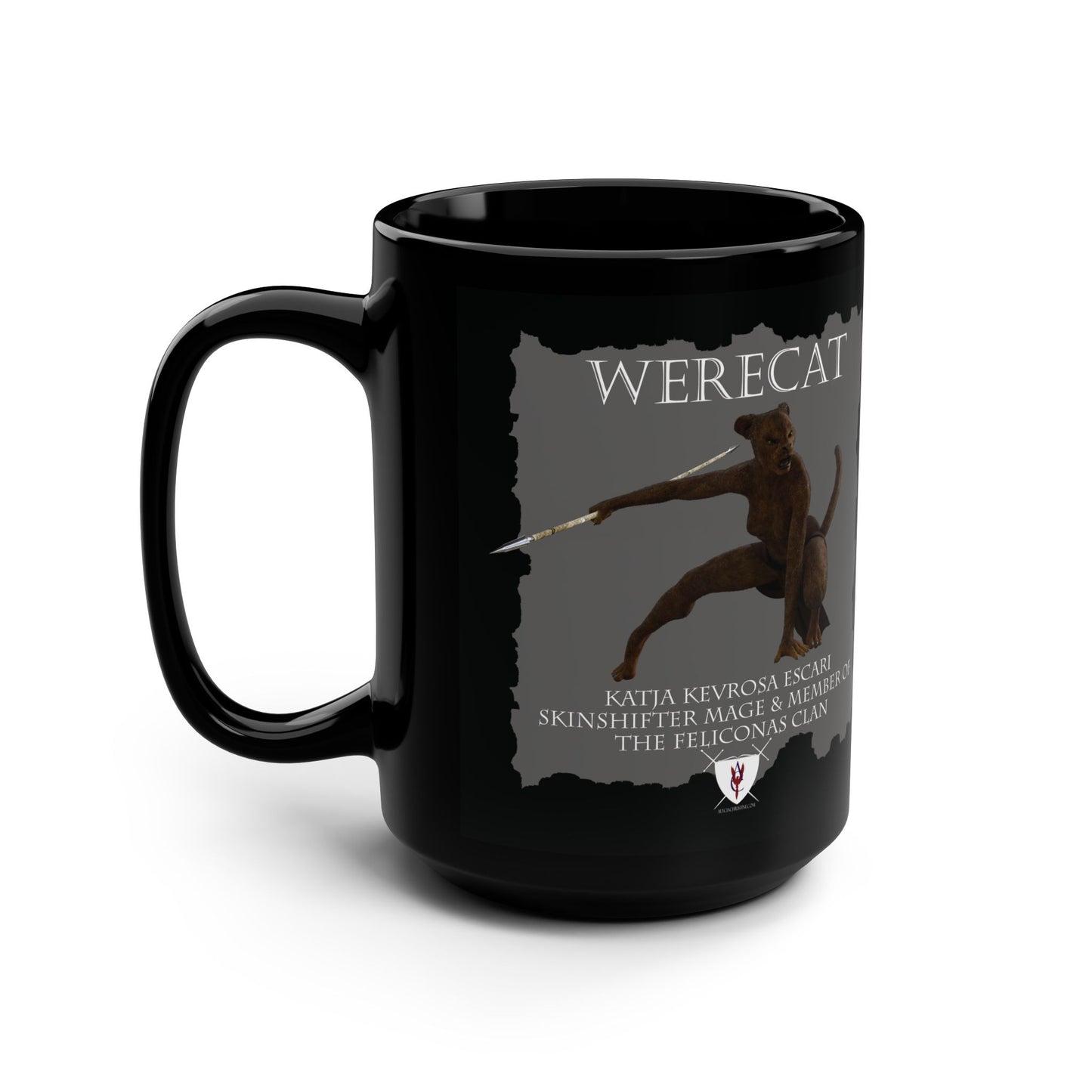 "Crouching Werecat Katja" and "Feliconas Clan Crest" 15 oz. Mug