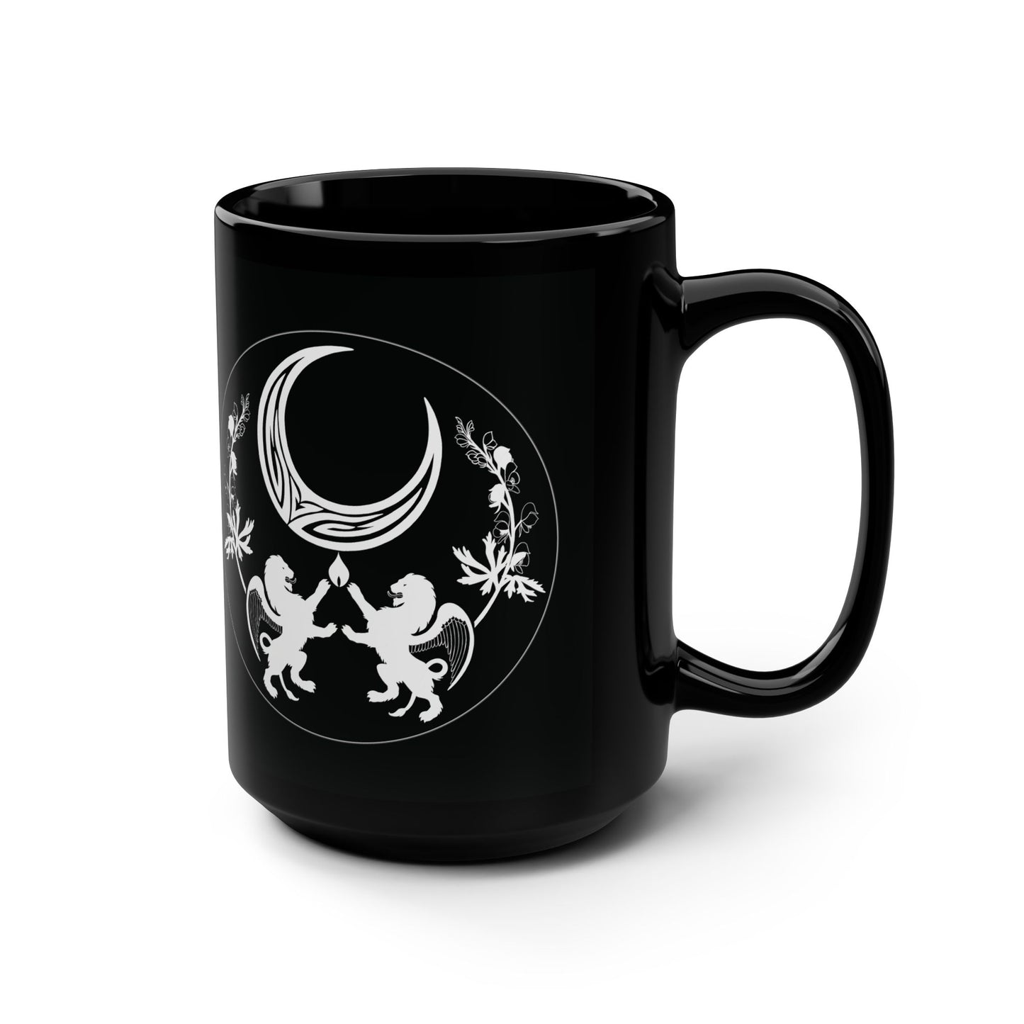 "Crouching Werecat Katja" and "Feliconas Clan Crest" 15 oz. Mug
