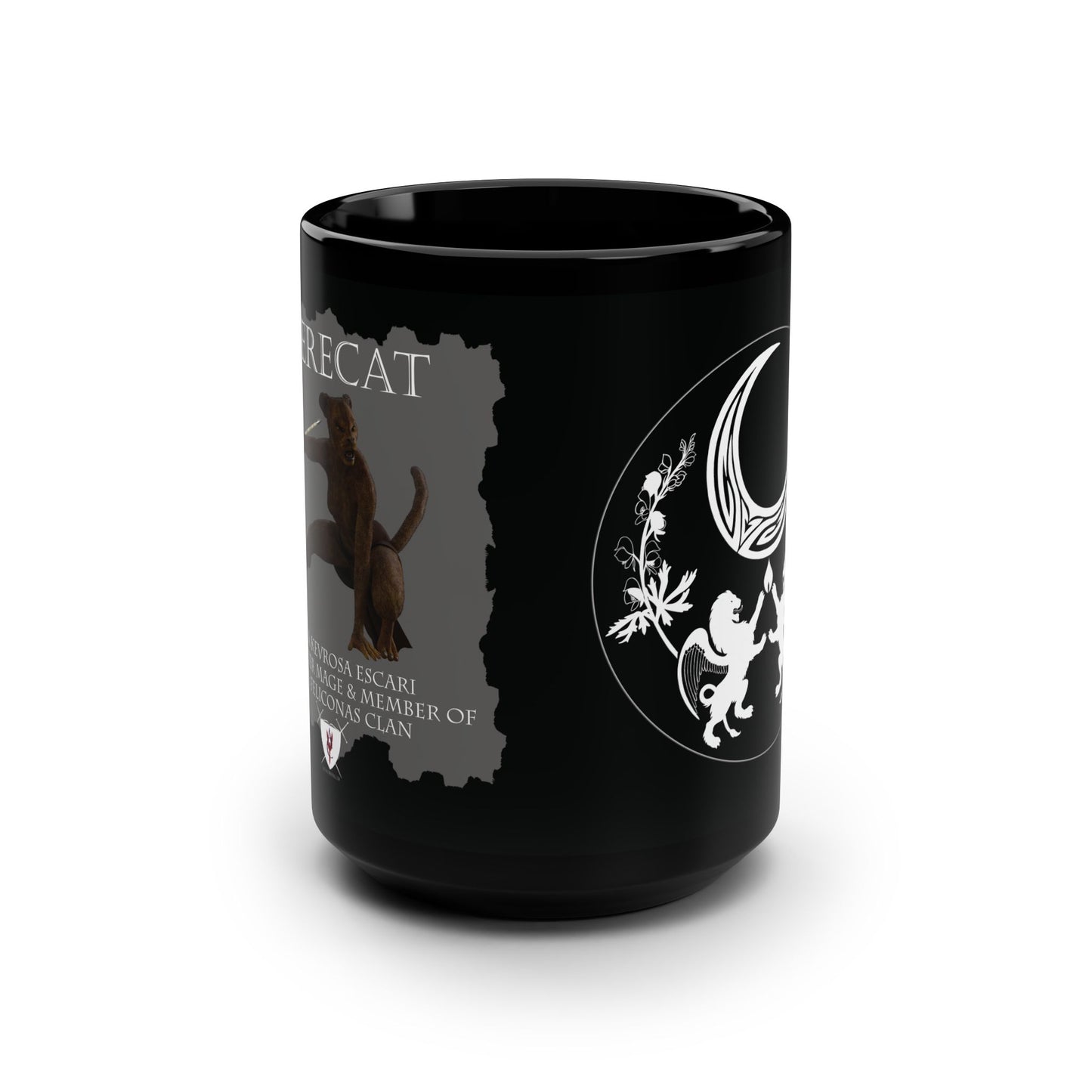 "Crouching Werecat Katja" and "Feliconas Clan Crest" 15 oz. Mug