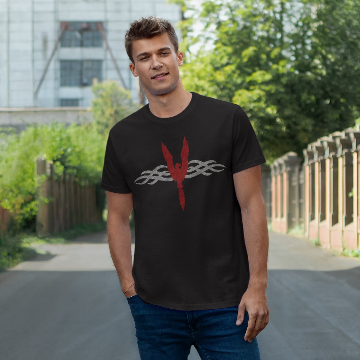 Men's Jersey T-shirt - Red Phoenix and Smoke Waves