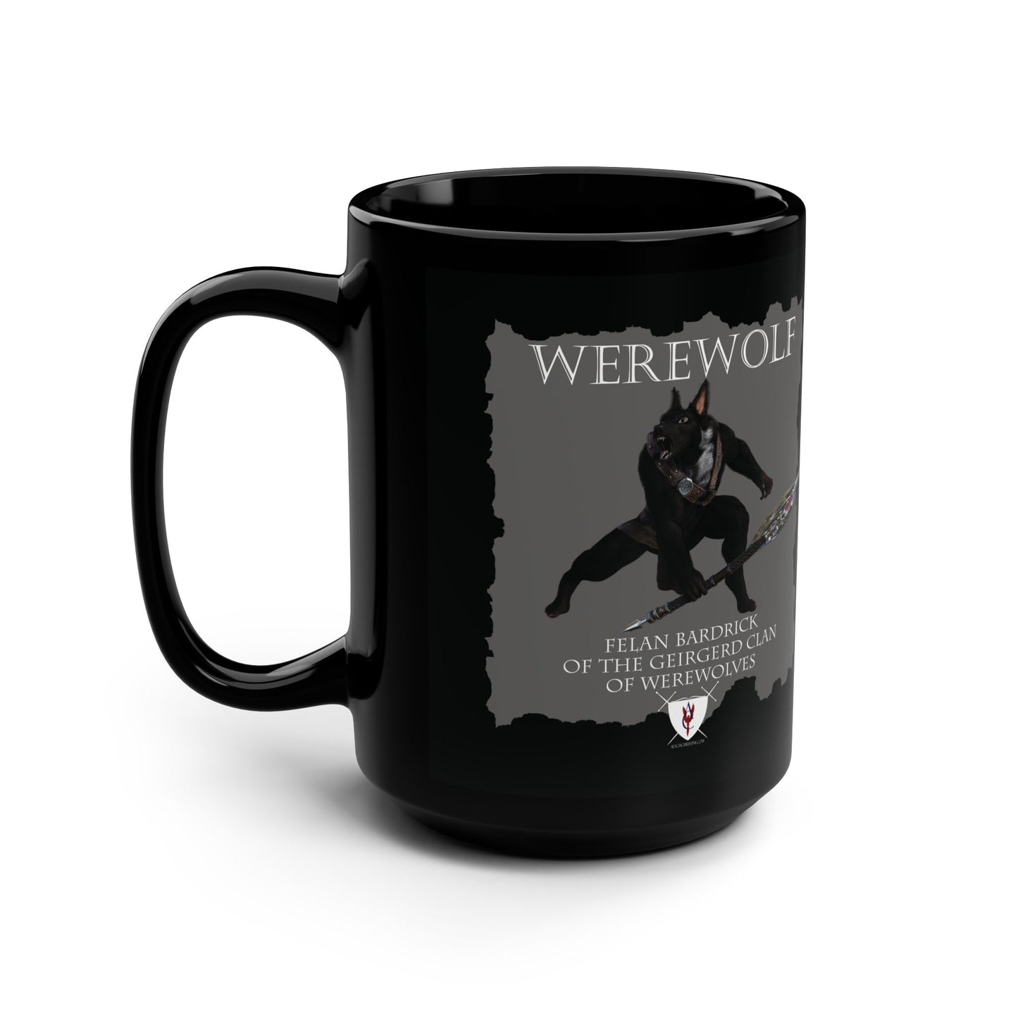 "Crouching Werewolf Felan" and "Bardrick Clan Crest" 15 oz. Mug